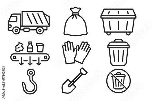 Waste Management Icons. Line style icons of Waste Management: Garbage Truck, Trash Bag, Dumpster, Sorting Line, Gloves, Trash Can,