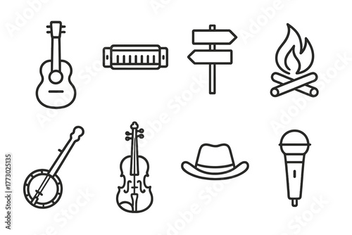 Americana Music Icons. Line style icons of Americana Music: Acoustic Guitar, Harmonica, Road Sign, Campfire, Banjo, Violin, Hat,