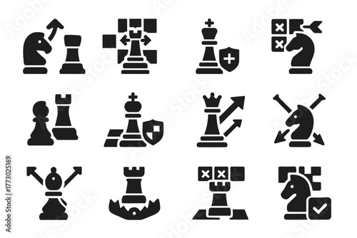 Chess Strategy Icons. Solid style icons of Chess strategy: opening, midgame, endgame, tactic, combination, defense, attack, fork,