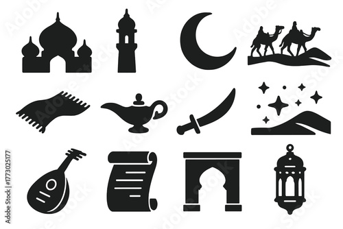 Arabian Nights Icons. Solid style icons of Arabian nights: palace dome, minaret tower, crescent moon, desert caravan, flying