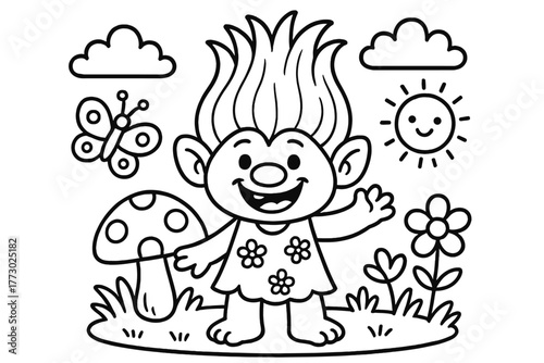 Playful Troll Coloring Page. A cute troll in a playful scene with friendly details, black and white line art, children’s coloring