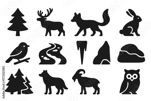 Winter Wildlife Icons. Solid style icons of Winter wildlife and nature: pine tree, elk, fox, snow hare, bird, frozen river, icicle