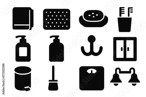 Bathroom Accessories Icons. Solid style icons of Bathroom accessories: towel, bath mat, soap dish, toothbrush holder, shampoo