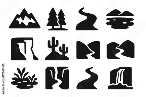 Solid Terrain Icons. Solid style icons of Terrain features: mountain, forest, river, lake, cliff, desert, valley, hill, swamp,