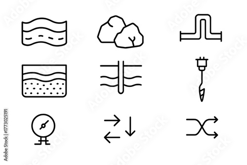 Underground Energy Icons. Line style icons of Underground Energy: Layers of Earth, Rock, Pipe System, Reservoir, Well, Drill,
