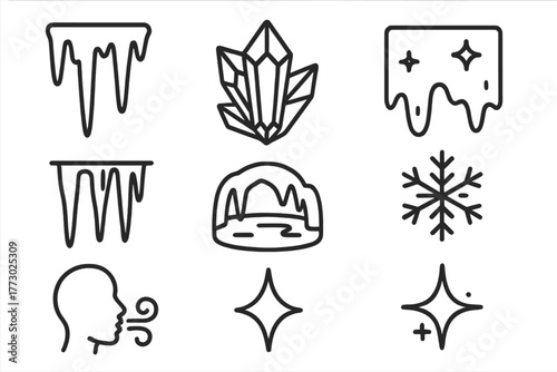 Ice Crystal Icons. Line style icons of Ice Crystal Cave: Frozen Stalactite, Ice Crystal, Shimmering Wall, Icicle, Underground Lake