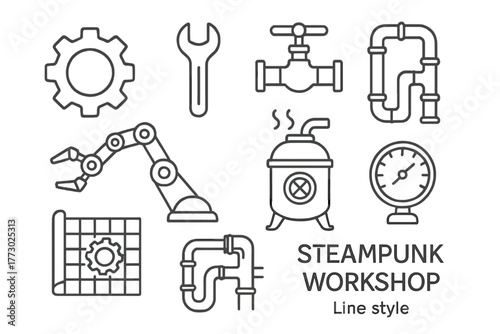 Steampunk Workshop Icons. Line style icons of Steampunk Workshop: Gear, Wrench, Steam Valve, Mechanical Arm, Boiler, Pipe System,