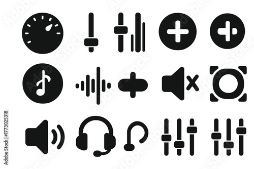 Audio Adjustment Icons. Solid style icons of audio adjustments: volume knob, fader slider, equalizer panel, bass boost, treble