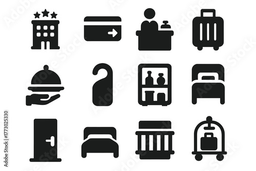 Hotel Amenities Icons. Solid style icons of Hotel amenities: hotel building, key card, reception desk, luggage, room service, do