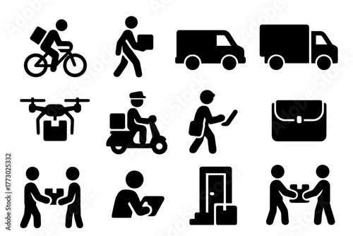 Courier Icon Set. Solid style icons of couriers: bicycle courier, foot courier, delivery van, cargo truck, drone courier, scooter