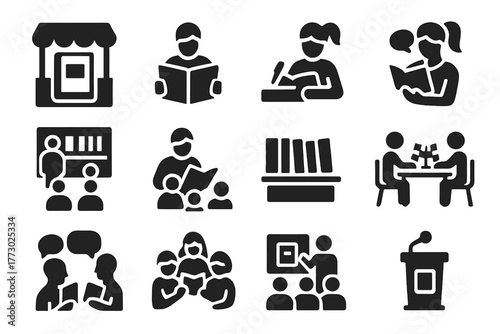 Book Event Icons. Solid style icons of Book events: book fair, author reading, book signing, storytelling session, library event,