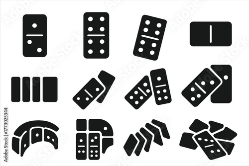 Domino Chain Icon Set. Solid style icons of Domino chain reaction: single tile, double three, double five, blank piece, domino