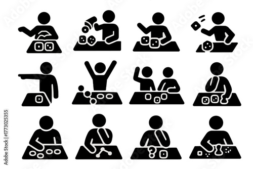 Dice Game Actions Icons. Solid style icons of Players and actions: hand roll, shake dice, pick die, throw dice, point, celebrate,