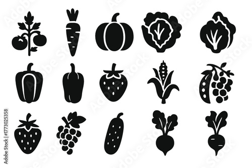 Garden Produce Icons. Solid style icons of Garden produce: tomato plant, carrot, pumpkin, lettuce, pepper, strawberry, apple tree,