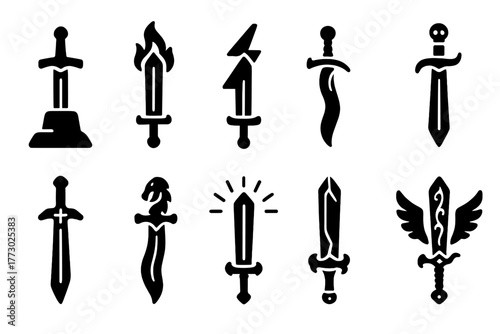 Legendary Swords Icons. Solid style icons of legendary swords: sword in stone, flaming sword, lightning sword, cursed sword, holy