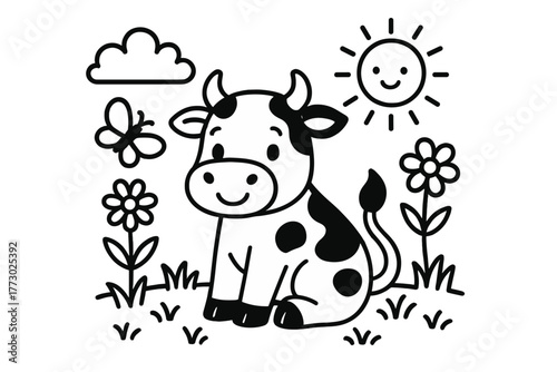 Playful Cow Coloring. A cute cow in a playful scene with friendly details, black and white line art, children’s coloring book page