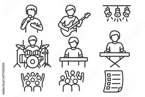 Rock Band Icons. Line style icons of Rock Band: Lead Singer, Guitarist, Bassist, Drummer, Keyboard, Stage Lights, Crowd, Setlist,