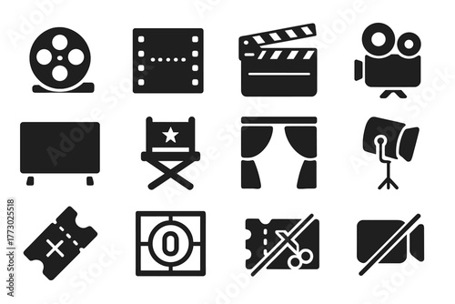 Cinematic Pause Icons. Solid style icons of playback ending: movie reel stopped, film strip frozen, clapperboard closed, projector