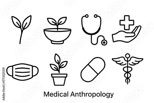 Medical Anthropology Icons. Line style icons of Medical Anthropology: Herb, Bowl, Stethoscope, Healing Hand, Mask, Plant, Tablet,