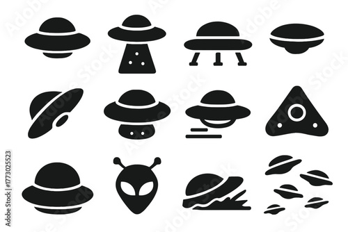 Solid UFO Icons. Solid style icons of UFOs: flying saucer, abduction beam, ufo landing, hovering disc, tilted saucer, glowing ufo,