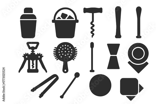 Bar Tool Icons. Solid style icons of bar elements: cocktail shaker, ice bucket, corkscrew, wine opener, strainer, muddler, ice