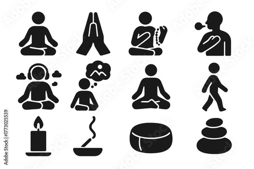 Meditation Icon Set. Solid style icons of Meditation and mindfulness: sitting meditation, hands in prayer, mantra chanting,