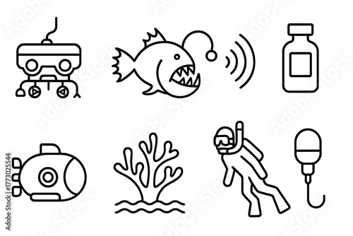 Ocean Exploration Icons. Line style icons of Ocean Exploration: ROV, Abyssal Creature, Sonar, Sample Container, Submersible, Coral