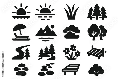 Outdoor Yoga Icons. Solid style icons of Outdoor yoga environment: sunrise, sunset, grass, beach, mountains, forest, river, clouds