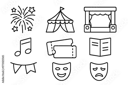 Festival Theater Icons. Line style icons of Festival Theater: Fireworks, Tent, Stage, Music Note, Ticket, Program, Flags, Mask, No