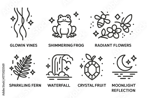 Luminous Jungle Icons. Line style icons of Luminous Jungle: Glowing Vines, Shimmering Frog, Radiant Flowers, Fireflies, Sparkling