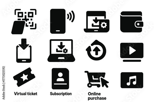 Digital Technology Icons. Solid style icons of Digital obtainment: QR code scan, NFC phone, digital wallet, download app, install