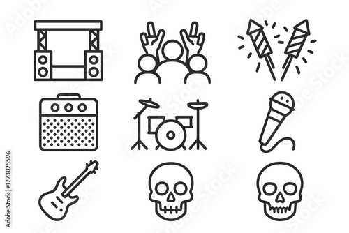 Metal Festival Icons. Line style icons of Metal Festival: Stage, Crowd, Pyrotechnics, Amplifier, Drum Kit, Microphone, Guitar,