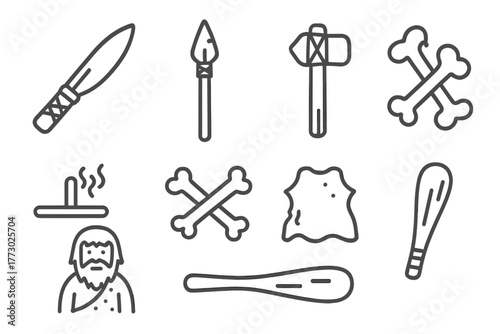 Primitive Tool Icons. Line style icons of Primitive Tools: Flint Knife, Spear, Stone Axe, Fire Drill, Bones, Animal Skin, Hunter,