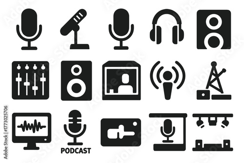 Audio Equipment Icons. Solid style icons of professional audio: studio microphone, boom mic, condenser mic, recording headphones,