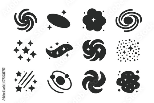 Galaxy Icons Collection. Solid style icons of Galaxy and universe: spiral galaxy, elliptical galaxy, cosmic cloud, black hole,