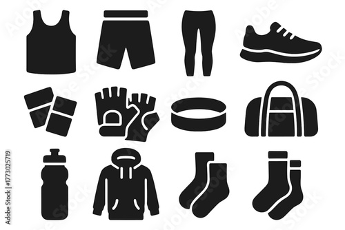 Fitness Apparel Icons. Solid style icons of Fitness apparel: tank top, shorts, leggings, sneakers, wrist wraps, lifting gloves,