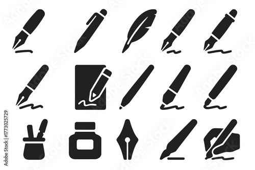 Writing Instruments Icons. Solid style icons of Writing instruments: fountain pen, ballpoint pen, ink quill, calligraphy pen,
