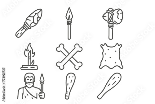 Primitive Tool Icons. Line style icons of Primitive Tools: Flint Knife, Spear, Stone Axe, Fire Drill, Bones, Animal Skin, Hunter,