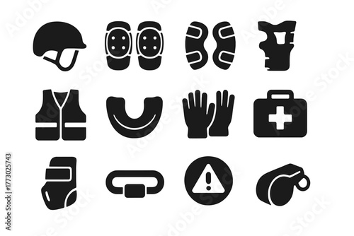 Safety Gear Icons. Solid style icons of Safety gear: helmet, knee pads, elbow pads, wrist guards, reflective vest, mouthguard,