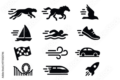 Icons of Speed. Solid style icons of motion speed: cheetah running, horse gallop, falcon dive, sailboat racing, swimmer dash,