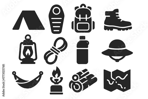 Camping Essentials Icons. Solid style icons of Outdoor camping: tent, sleeping bag, backpack, hiking boots, lantern, rope, water