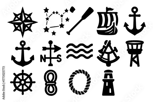 Viking Navigation Icons. Solid style icons of Viking navigation: compass rose, star map, oar, sail, anchor, wind direction, wave