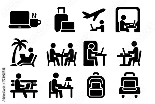 Portable Work Icons. Solid style icons of portable work: laptop with coffee cup, travel laptop, airplane work, train desk laptop,