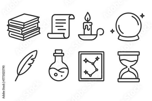 Sorcerer's Library Icons. Line style icons of Sorcerer’s Library: Stacked Books, Scroll, Magic Candle, Crystal Ball, Quill, Potion