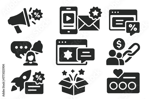 Marketing Icons Collection. Solid style icons of marketing promotions: megaphone sale, social media ad, email campaign, SMS alert,