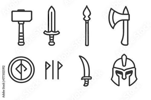 Mythic Weapon Icons. Line style icons of Mythic Weapons: Hammer, Sword, Axe, Spear, Shield, Rune Markings, Blade, Helmet, No text,