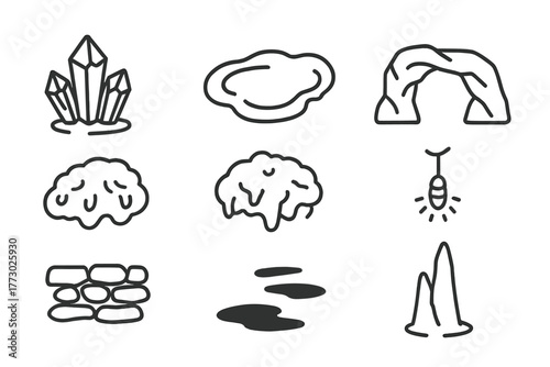 Hidden Cavern Icons. Line style icons of Hidden Cavern: Crystal Cluster, Water Pool, Moss, Rock Arch, Glow Worm, Stalagmite, Stone