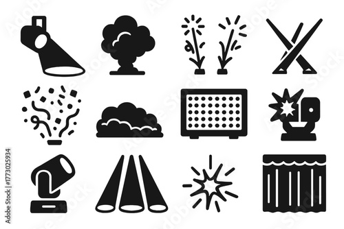Stage Effects Icons. Solid style icons of Stage effects: spotlight beam, smoke cloud, pyrotechnics, laser lights, confetti, fog,