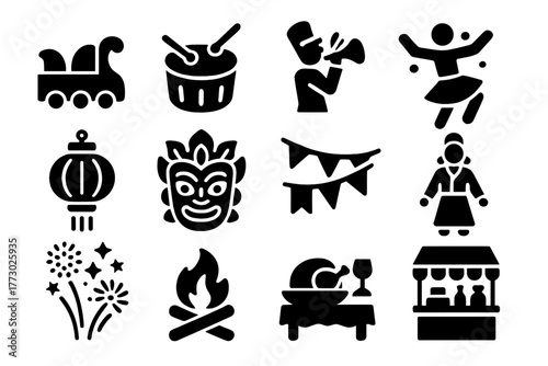 Festive Icons Collection. Solid style icons of festivities: parade float, drum, marching band, street dancer, lantern, traditional