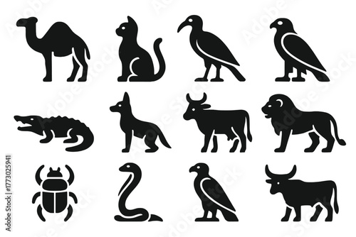 Egyptian Animal Icons. Solid style icons of Egyptian animals: camel, cat, ibis, falcon, crocodile, jackal, cow, lion, scarab